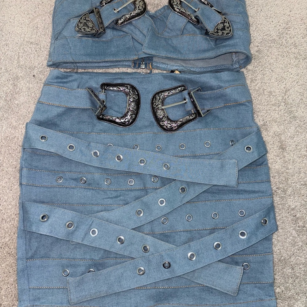Stylish Blue Two-Piece Set with Buckle Details